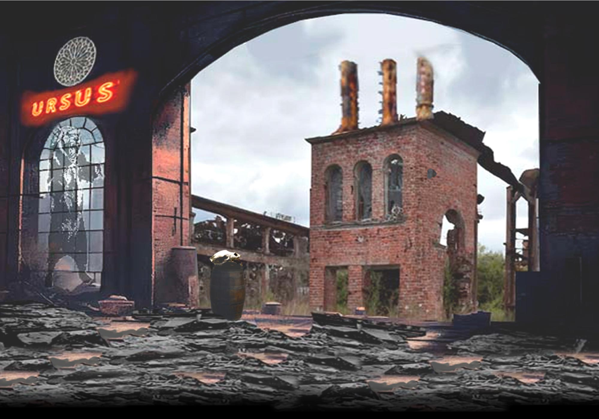 Ursus in lighted letters on red background wit an image of a standing bear below it and to the right a dystopian image of a collapsing brick facotry building with debris in front of it.